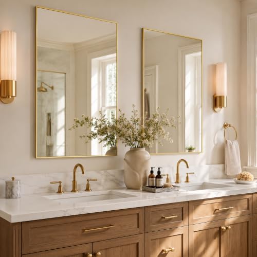 36"x24" Brushed Gold Framed Rectangle Bathroom Vanity Wall Mirror