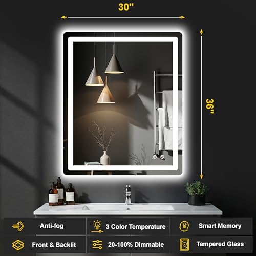 LED Bathroom Mirror with Lights, 30"x36" Lighted Vanity Mirror for Wall