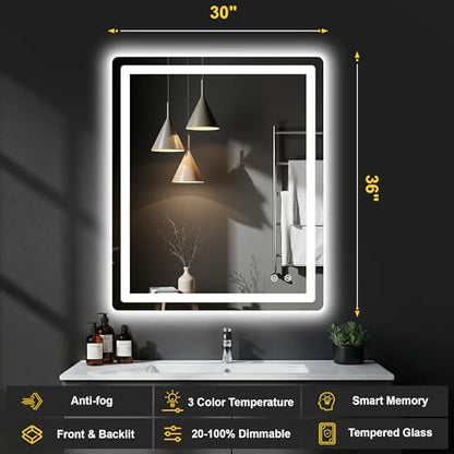 LED Bathroom Mirror with Lights, 30"x36" Lighted Vanity Mirror for Wall