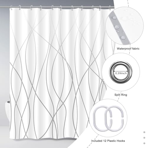Striped Shower Curtain for Bathroom, Ombre Grey White, 72"W x 72"L