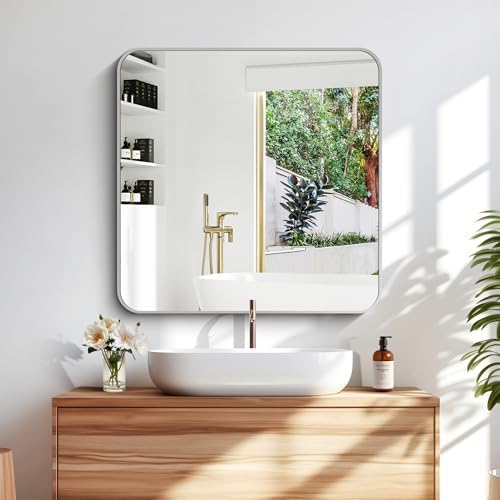 DESBING 30" x 30"Bathroom Mirror, Silver Wall Mirror with Metal Frame, Decorative Rectangular Vanity Mirror for Bedroom Bathroom Living Room Entryway (Horizontal/Vertical)