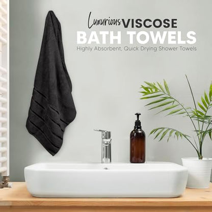 Luxury Towels for Bathroom Set of 8-2 Bath Towels 2 Hand Towels 4 Washcloths - 600 GSM 100% Cotton Ring Spun Viscose Border Towels Set - Black