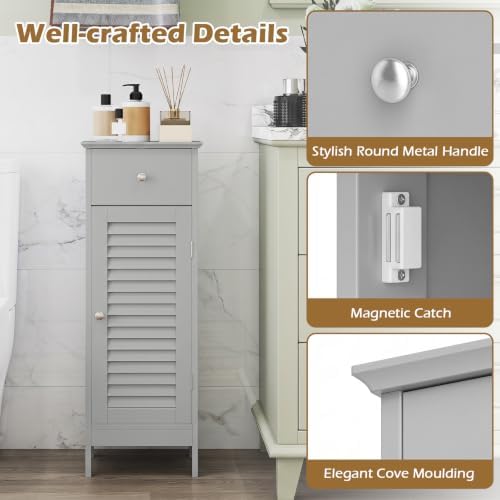 GIANTEX Bathroom Floor Storage Cabinet with Louvered Door and Drawer, Grey