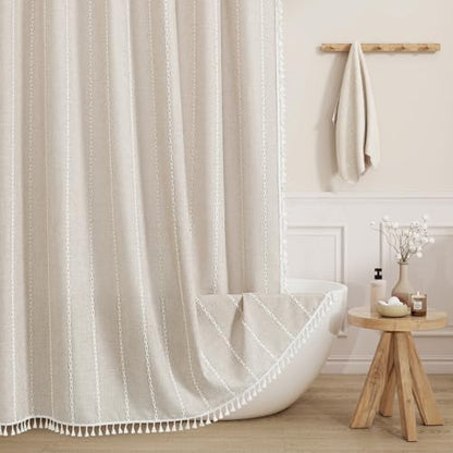 Boho Farmhouse Tassel Linen Shower Curtain,3D Embroidery Stripe Cream,72x96
