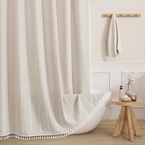Boho Farmhouse Tassel Linen Shower Curtain,3D Embroidery Stripe Cream,72x72