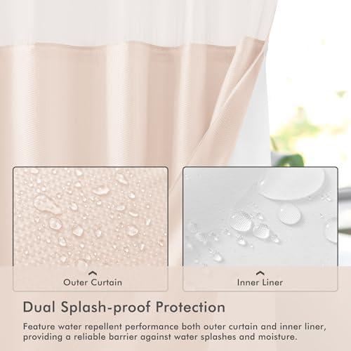 Mrs Awesome No Hook Shower Curtain with Snap-in Liner, Embossed Waffle Design Fabric Shower Curtain for Bathroom, Soft & Lightweight, 71x74, Pink