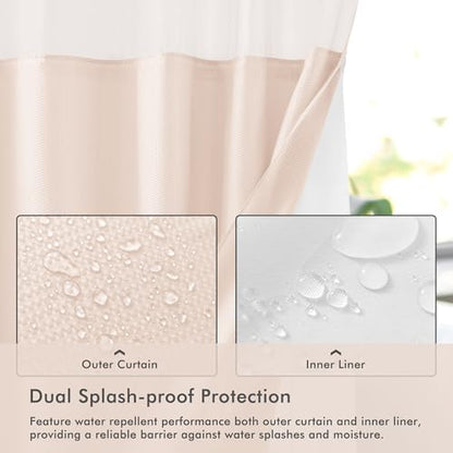 Mrs Awesome No Hook Shower Curtain with Snap-in Liner, Embossed Waffle Design Fabric Shower Curtain for Bathroom, Soft & Lightweight, 71x74, Pink