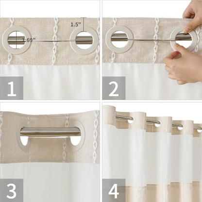 eachope No Hook Long Shower Curtain Set with Snap-in Fabric Liner,Linen Textured Thick Striped Fabric with Tassels,Boho Farmhouse Rustic Luxury Bathroom Curtain,Water-Repellent,Cream/Beige,71x80