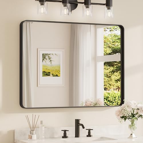 TETOTE 40 x 30 Inch Black Frame Mirror, Bathroom Vanity Mirror for Wall, Modern Rectangle Round Corner Matte Framed Mirror (Horizontal/Vertical)