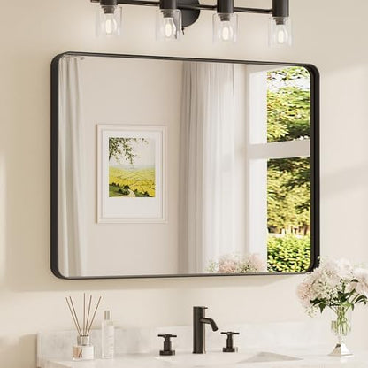 TETOTE 40 x 30 Inch Black Frame Mirror, Bathroom Vanity Mirror for Wall, Modern Rectangle Round Corner Matte Framed Mirror (Horizontal/Vertical)
