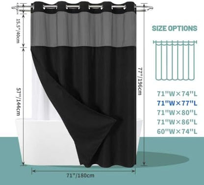 eachope No Hook Waffle Shower Curtain with Snap-in Liner, 71x77 Inch, Black