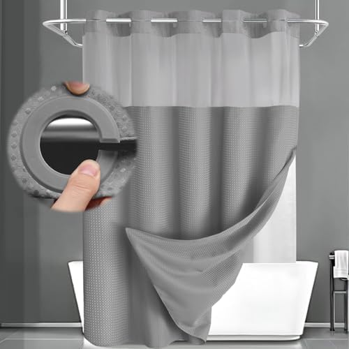 No Hook Shower Curtain with Liner Set Hotel Waffle Curtain Grey 72W X 75L