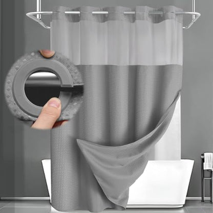 No Hook Shower Curtain with Liner Set Hotel Waffle Curtain Grey 72W X 75L