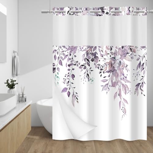 WITHLOC No Hook Floral Shower Curtain with Liner, Eucalyptus Plum, 71x74