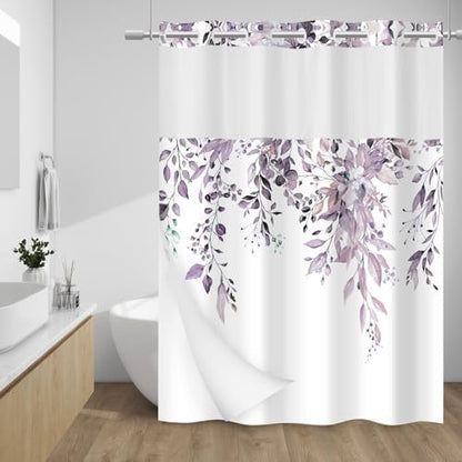 WITHLOC No Hook Floral Shower Curtain with Liner, Eucalyptus Plum, 71x74