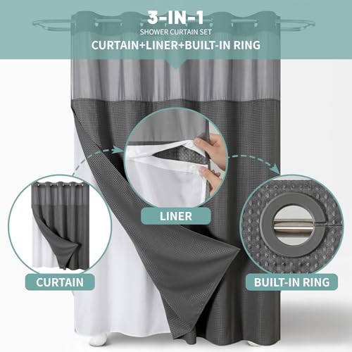eachope No Hook Long Waffle Shower Curtain, Snap-in Liner,71x86 in,Charcoal