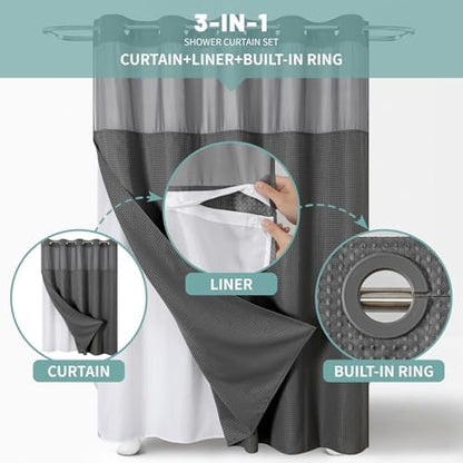 No Hook Waffle Shower Curtain with Snap-in Liner, 71x80 Inch, Charcoal