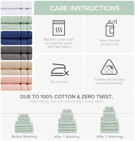 Comfort Spaces 12 Pc Towel Set, 100% Cotton Zero Twist, Seafoam Green