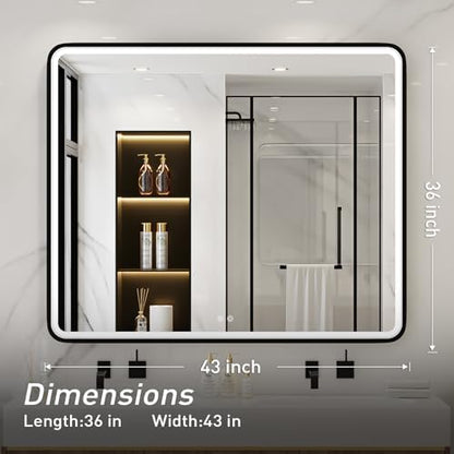 LED 43x36 Inch Lighted Bathroom Mirror,Black Frame,3 Color
