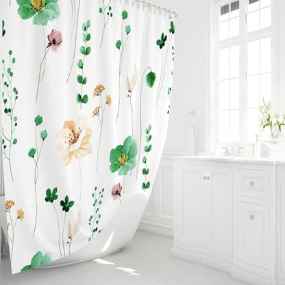 Gibelle Emerald Green Beige Watercolor Floral Fabric Shower Curtain, 72x72