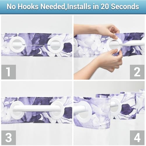 WITHLOC No Hook Floral Shower Curtain with Liner, Eucalyptus Purple, 71x74