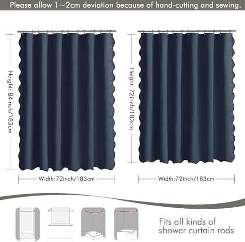 MIULEE Navy Scalloped Linen Shower Curtain 72x72 Inches