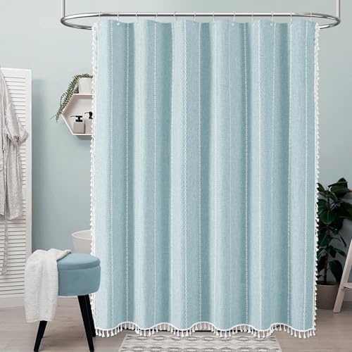 BTTN Fog Blue Boho Farmhouse Linen Heavy Duty Cloth Shower Curtain, 72x72