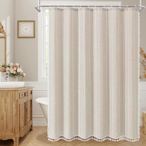 MitoVilla Boho Tassel Linen Shower Curtain,3D Embroidery Stripe Cream,72x84