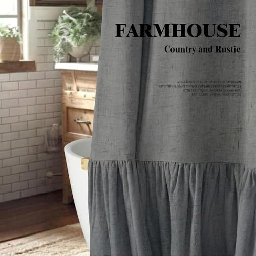 Farmhouse Shower Curtain Ruffle Linen Flax Dark Gray 72" W x 72" L
