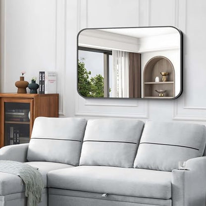 Black Bathroom Mirror, 28x42 inch Aluminum Metal Frame Rectangular Vanity Mirror, Wall Mounted Rectangle Mirrors with Rounded Corner for Bedroom Living Room Hangs Horizontal Or Vertical