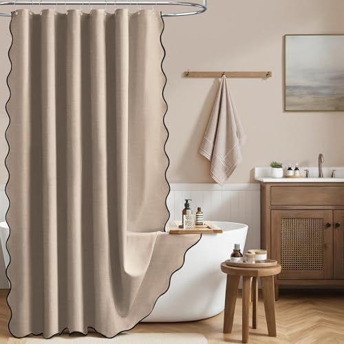 BTTN 72x80 Boho Scalloped Linen Textured Cloth Shower Curtain, Tan/Taupe