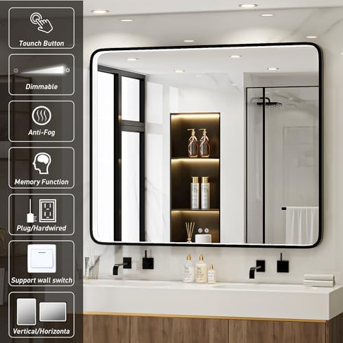 LED 43x36 Inch Lighted Bathroom Mirror,Black Frame,3 Color