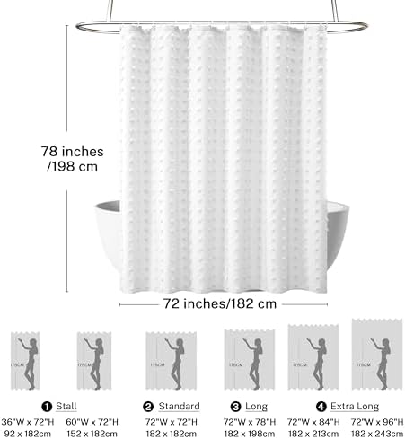 Extra Long Boho Farmhouse Shower Curtain Woven Fabric White Shower Curtain, 72 x 78 Tufted Pleat Floral Puffs Textured Modern Farmhouse Minimalist Shower Curtain Set with Hooks for Bathroom