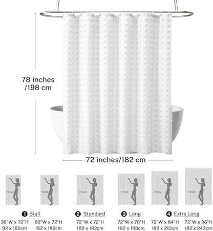 Extra Long Boho Farmhouse Shower Curtain Woven Fabric White Shower Curtain, 72 x 78 Tufted Pleat Floral Puffs Textured Modern Farmhouse Minimalist Shower Curtain Set with Hooks for Bathroom