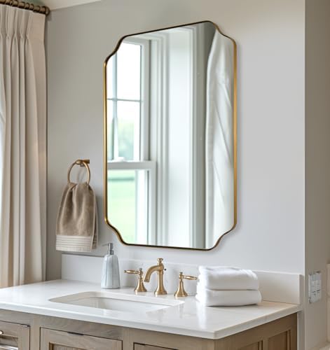 ANDY STAR Brushed Gold Scalloped Bathroom Mirror, 26"x38" Rectangle Mirror