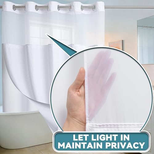 Conbo Mio No Hook Waffle Weave Shower Curtain with Snap in Liner Set, Hotel Luxury White Shower Curtains for Bathroom with See Through Top Window, Waterproof, Washable 71W x 74H