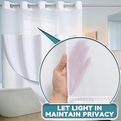Conbo Mio No Hook Waffle Weave Shower Curtain with Snap in Liner Set, Hotel Luxury White Shower Curtains for Bathroom with See Through Top Window, Waterproof, Washable 71W x 74H
