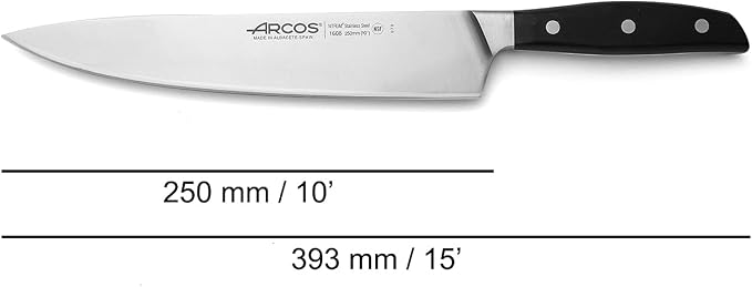 Arcos Forged Chef Knife 10 Inch Stainless Steel. Professional Kitchen Knife for Cooking. Ergonomic Polyoxymethylene Handle and 250 mm Blade. Series Manhattan. Color Black
