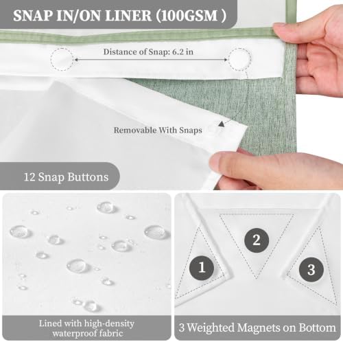 BTTN 72x87 Ringless Linen Look Shower Curtain with Snap in Liner Sage Green