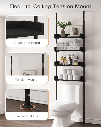 ALLZONE Bathroom Organizer, Over The Toilet Storage, 4-Tier Adjustable Wood Shelves for Small Rooms, Saver Space Rack, Narrow Cabinet, 92 to 116 Inches Tall, Black