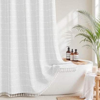 RiverDream Farmhouse No Hooks Shower Curtain with Snap-in Liner,White,71x74