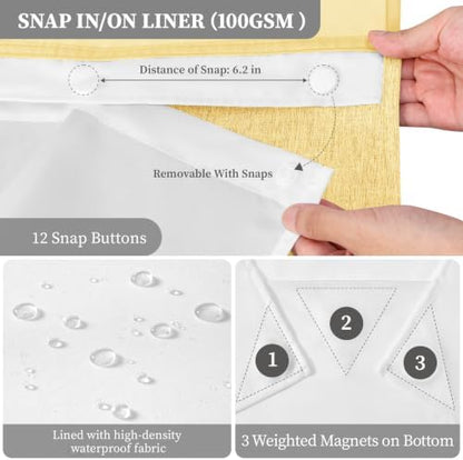 BTTN Yellow Ringless Linen Textured Shower Curtain with Snap in Liner 72x75