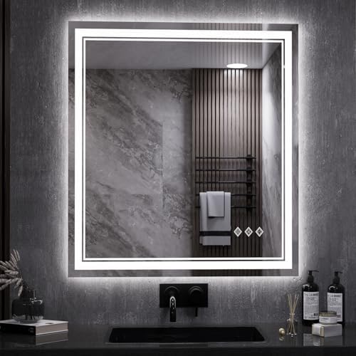 LED Bathroom Mirror, 28x32 Inch Gradient Front and Backlit LED Vanity Mirror, 3 Colors Dimmable CRI>90 Double Lights, IP54 Enhanced Anti-Fog, Hanging Plates Wall Mount Backlit Mirror