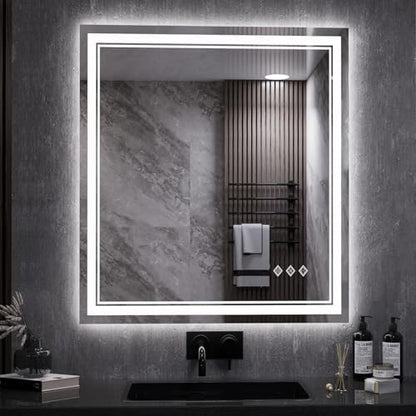 LED Bathroom Mirror, 28x32 Inch Gradient Front and Backlit LED Vanity Mirror, 3 Colors Dimmable CRI>90 Double Lights, IP54 Enhanced Anti-Fog, Hanging Plates Wall Mount Backlit Mirror