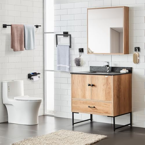 TQKAG 5-Pieces Matte Black Bathroom Hardware Accessories Set 23.6" SUS304 Stainless Steel Towel Bar Set Wall Mounted Square Toilet Paper Holder with Shelf