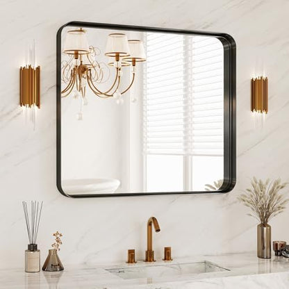 28x32 Inch Black Metal Framed Bathroom Mirror for Wall, HD Tempered Glass