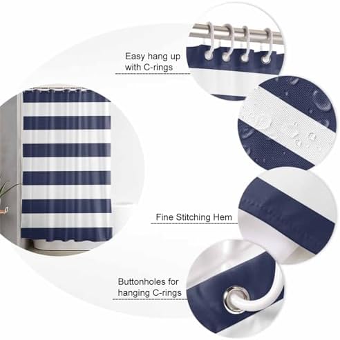 Shower Curtain Bathroom Set Navy Blue and White Stripe Waterproof Shower Curtains with Grommets Hooks Modern Stripes Pattern Privacy Bath Curtain for Bathtub Decor 60x72in