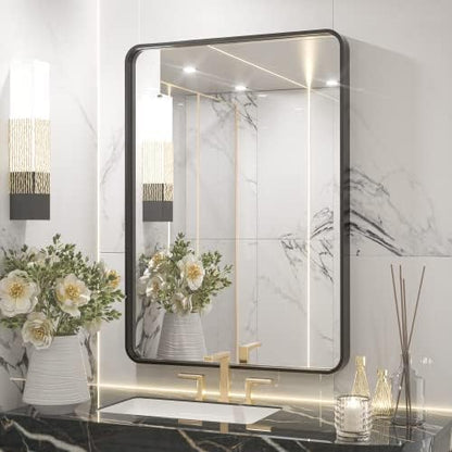 TETOTE Black Framed Mirrors for Bathroom, 2 Inch Thick Frame 22 x 30 Inch Brushed Metal Frame Wall Mounted Rectangle Mirror for Vanity(Horizontal/Vertical)