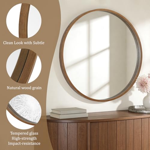 WallBeyond Round Wood Mirror, 36" Round Modern Decoration Large Circle Wall Mirror for Bathroom Living Room Bedroom Entryway, Walnut