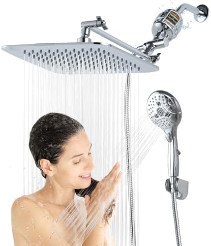 10'' Dual 20 Stage Filtered Shower Head with Handheld, 6 Spray Settings Handheld Shower Head High Pressure Rainfall Filter Combo with 12'' Adjustable Extension Arm, 71'' Shower Hose (Chrome Polished)